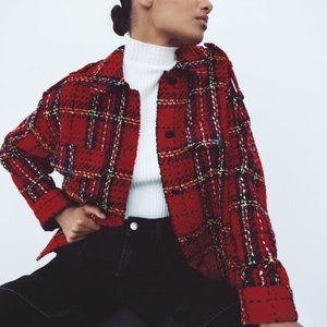 Zara red plaid/tweed textured shacket in size small